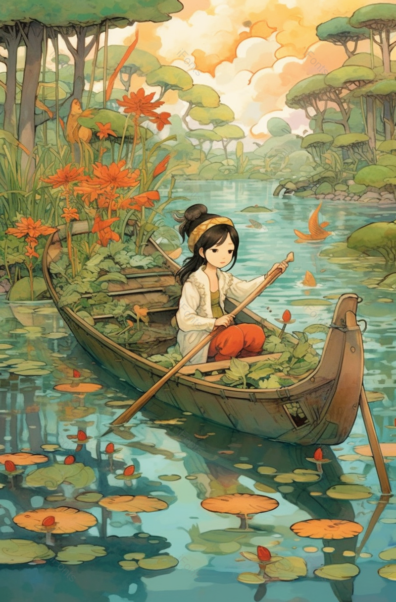 河流夏天夏至女孩在水面上划船唯美小清新插画,插画/手绘图,插画/手绘图库,插画/手绘图下载,插画/手绘